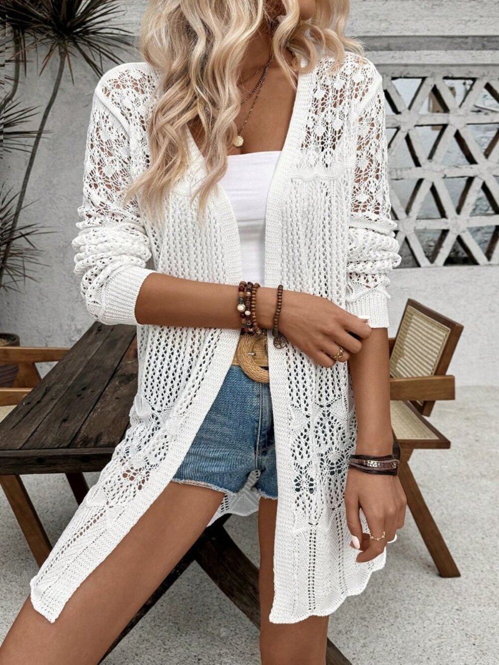 White Casual Women's Hollow Out Cardigan